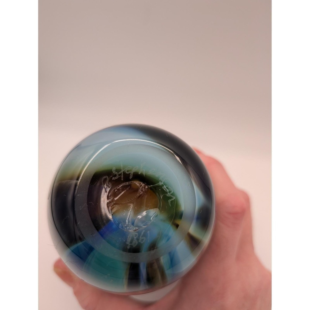 Vintage 1981 Signed R Stephens Studio Art Glass Vase Abstract Landscape Decor 7" - Picture 7 of 12